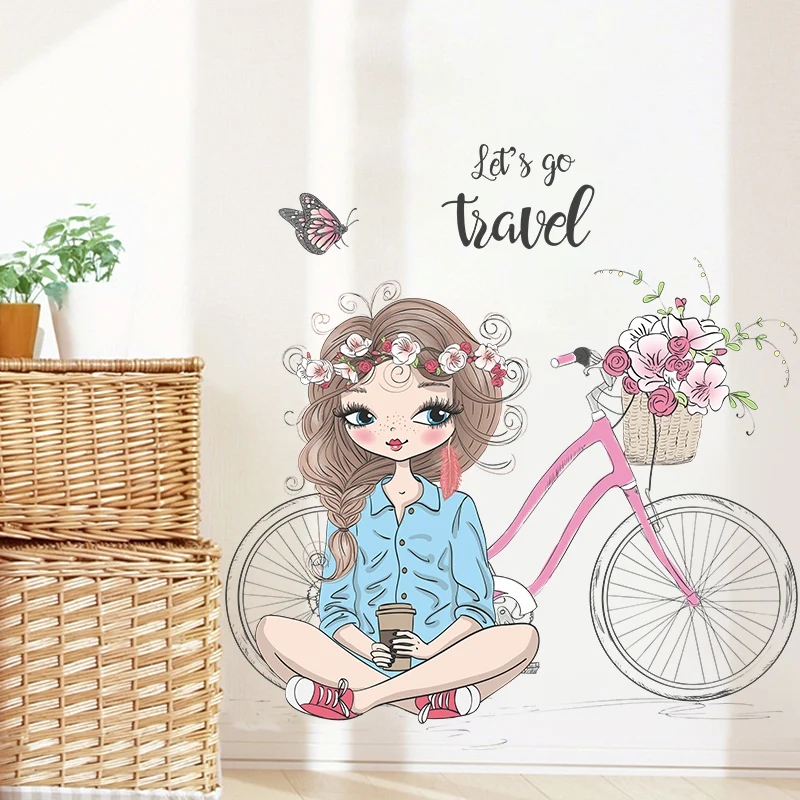 Fashion Beauty Girl Stickers Flowers Bicycle Decorative Wallpaper Creative Bedroom Murals Self Adhesive TV Background Decals