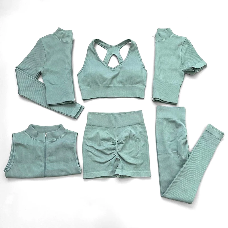 Новинка 2022 стильная спортивная одежда 6 шт. Бесшовные ребристые костюмы для йоги на молнии и подтяжки ягодиц эластичные подходящие тренировочные комплекты