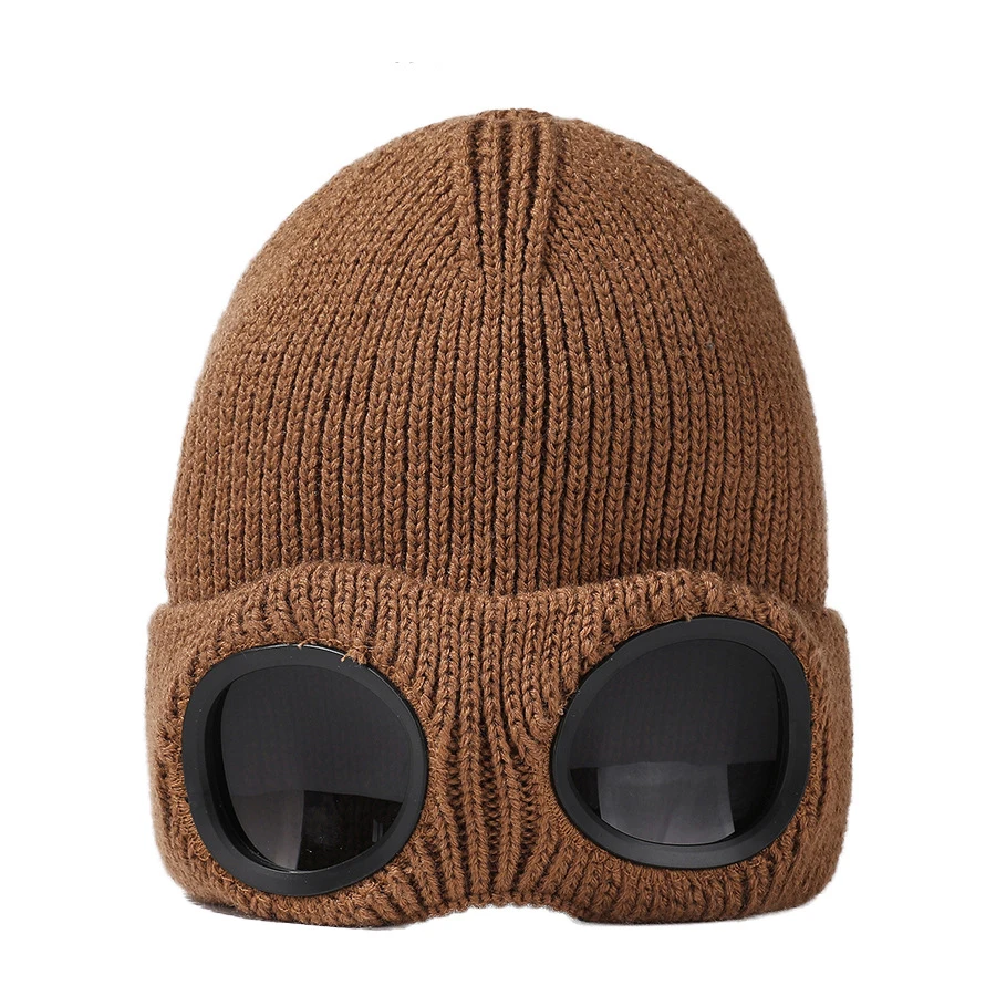 Winter Knit Hats Warm Sunglasses Knitted Cap Unisex Ski Cycling Sports Beanie Hats With Glasses