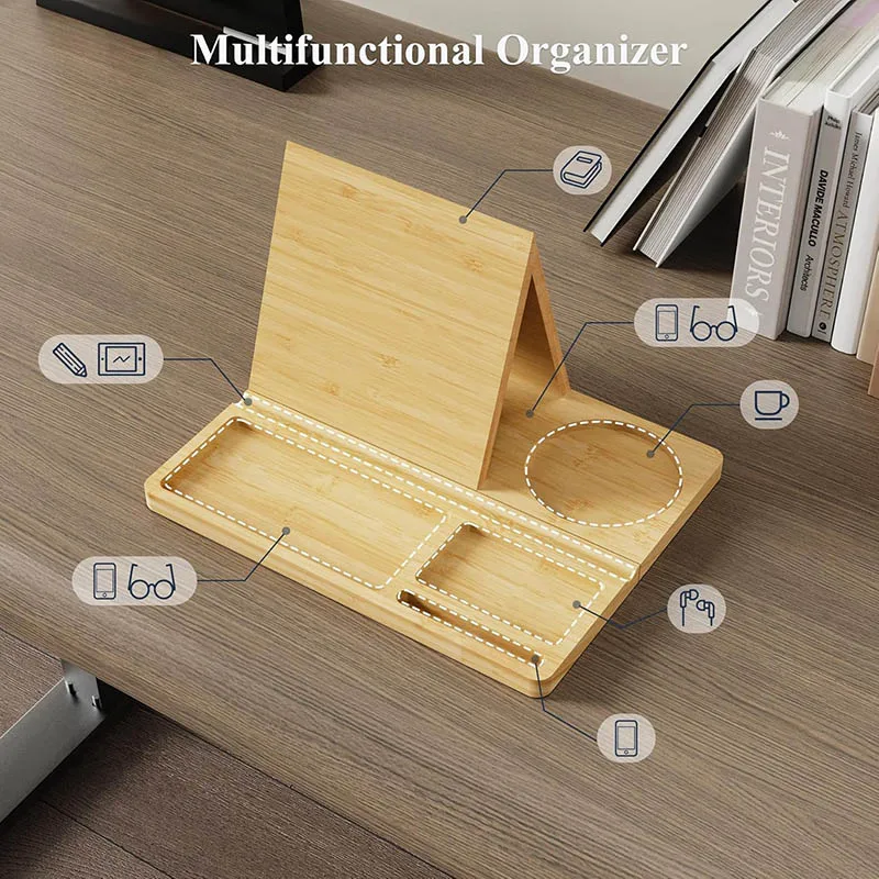 Bamboo Multipurpose Organizer Book Stand Holder with Resting Feature for Glasses and Pens Bookends