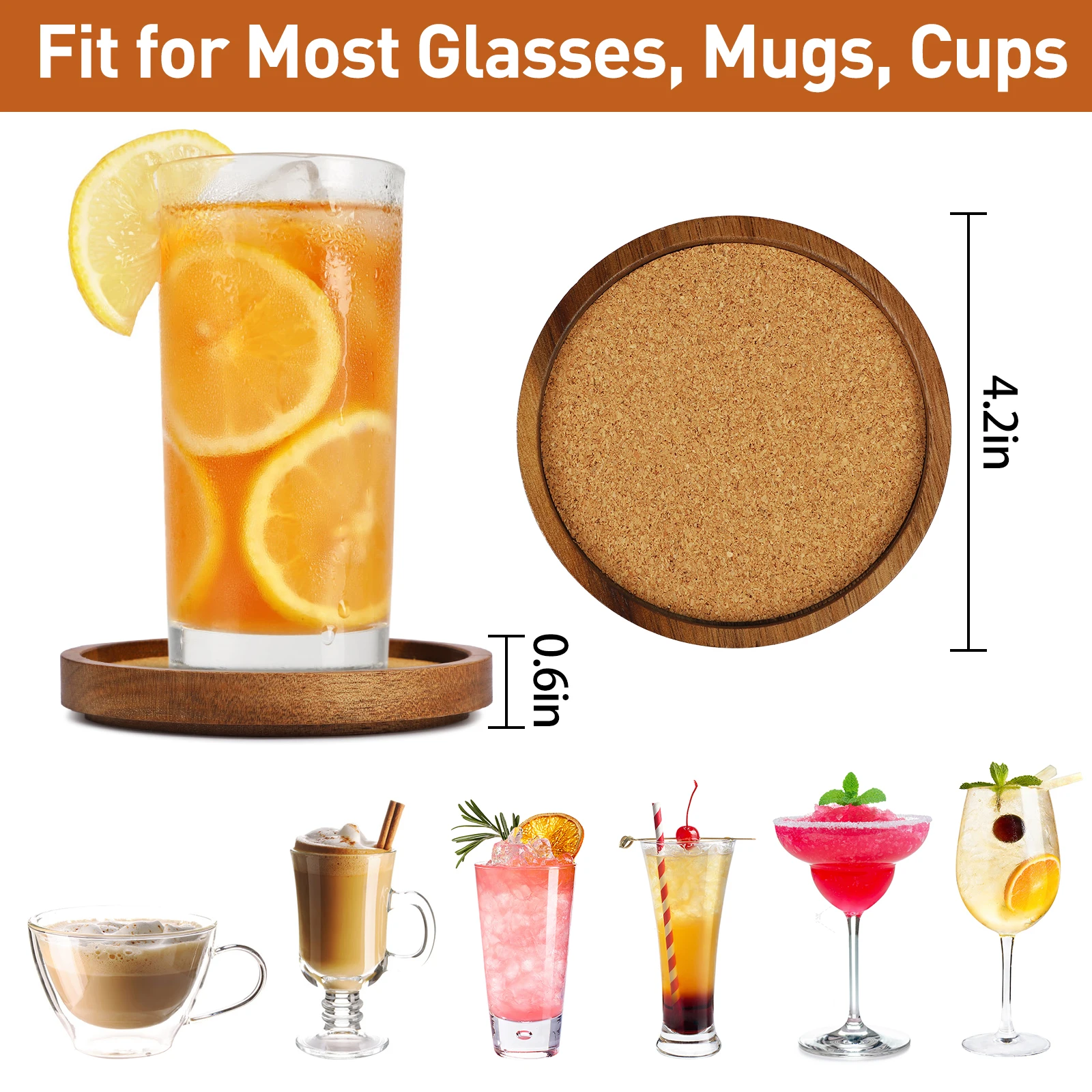 XH Stackable Acacia Wood Coasters set of 4 with absorbent Cork for table Drink Coasters Set for Tabletop Coffee