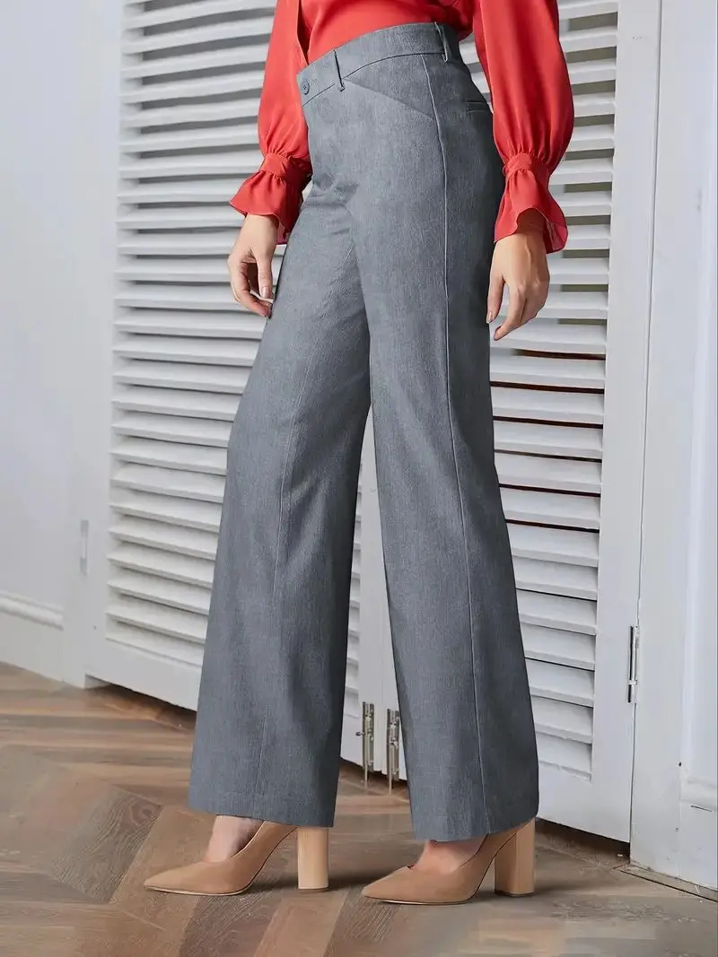 Formal Office Ladies Solid Color Straight Leg Suit Trousers Elegant High Waist Long Pants For Work