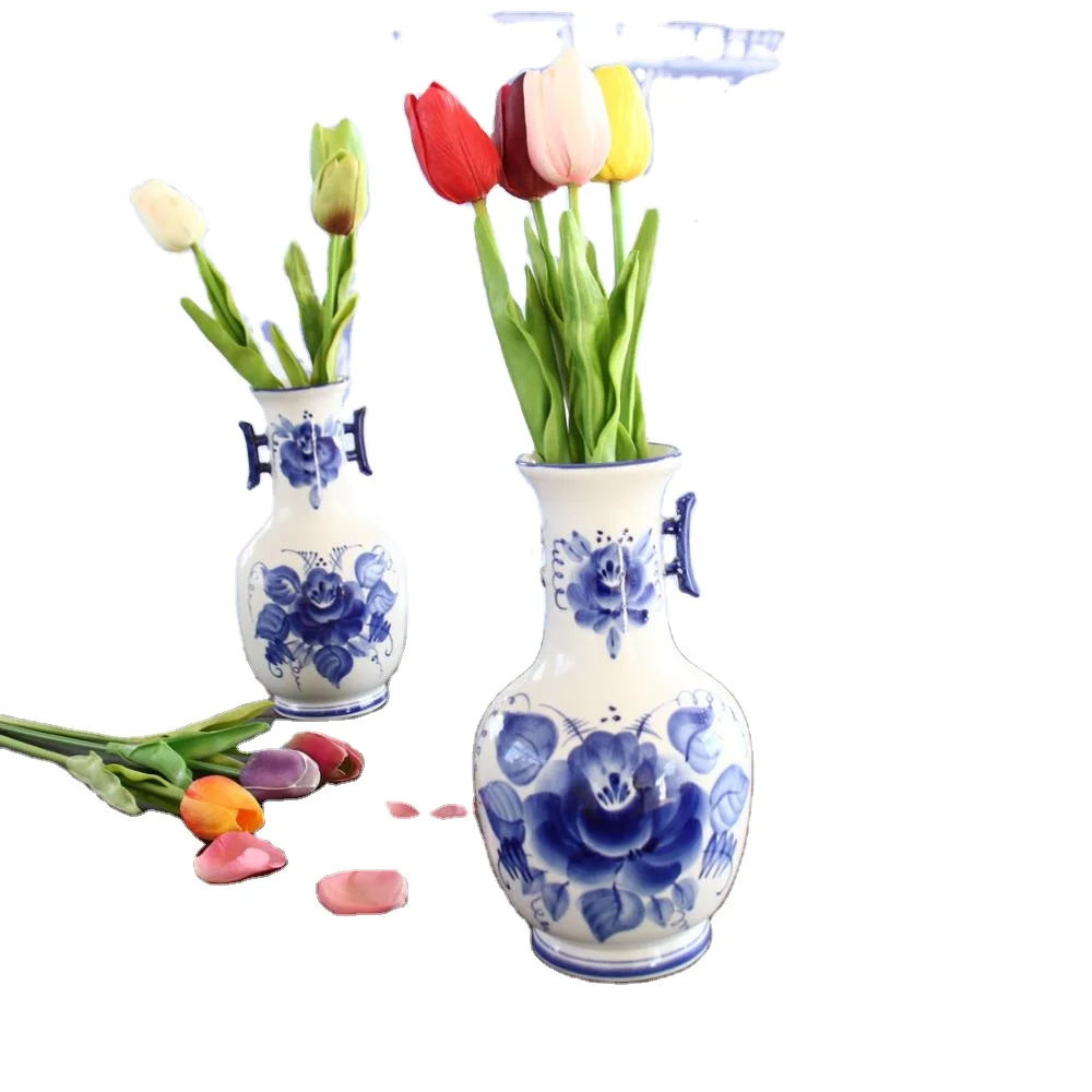 Hot sales Delft blue porcelain decoration floral bigger blue vase flower with the handle home goods decorative vase