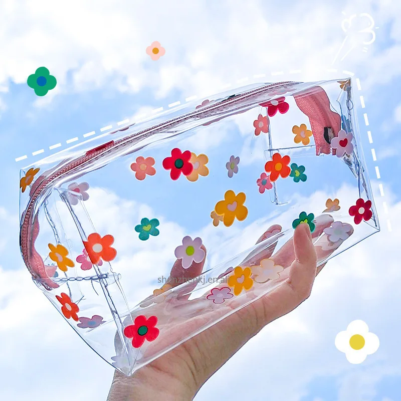 Large Capacity Portable Floral Transparent Pencil Bag Pencil Case Stationery Box
