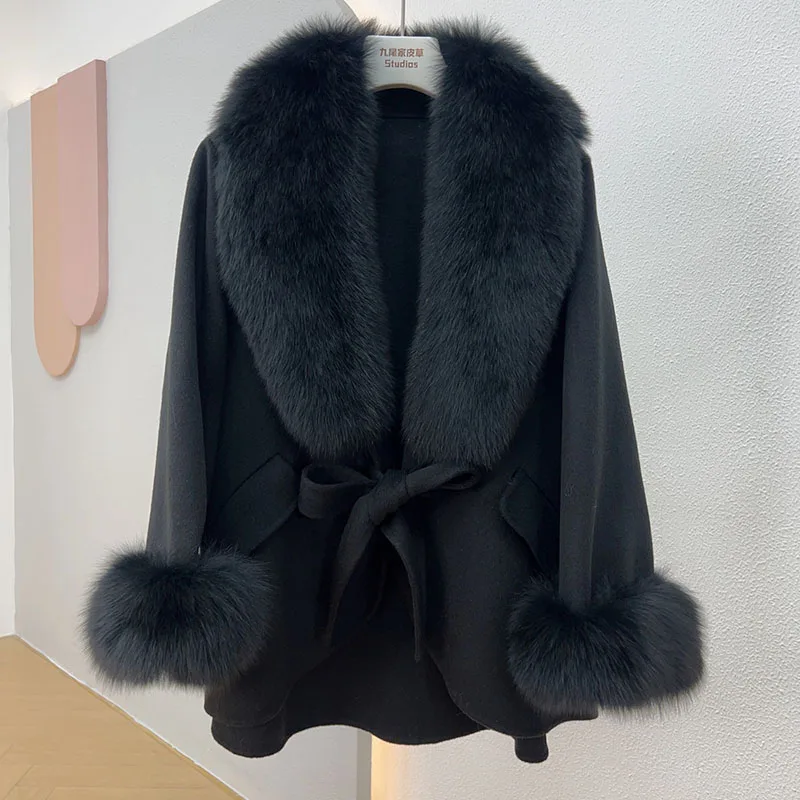 2024 New Women Real Wool Blended Coat With Real Fox Fur collar Fashion Loose Woollen Jacket Outwear Genuine Fox Fur Cuff