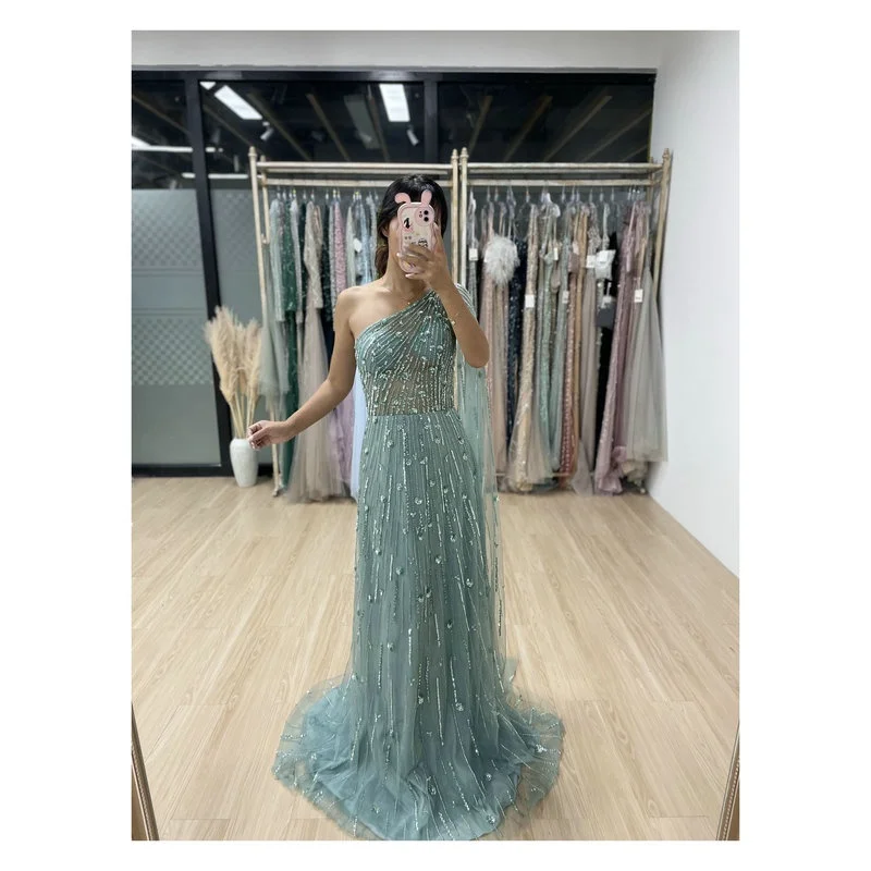 2024 Latest Elegant Beaded Sequin One Shoulder Cape Sleeve A Line Dubai Evening Gowns Prom Dress Vestidos De Fiesta Wholesale
