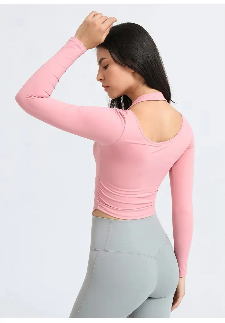 The New Yoga Clothes with Chest Pad Female Running Sports Tight T -Shirt Long -Sleeved Hanging Neck Fitness Clothes Top