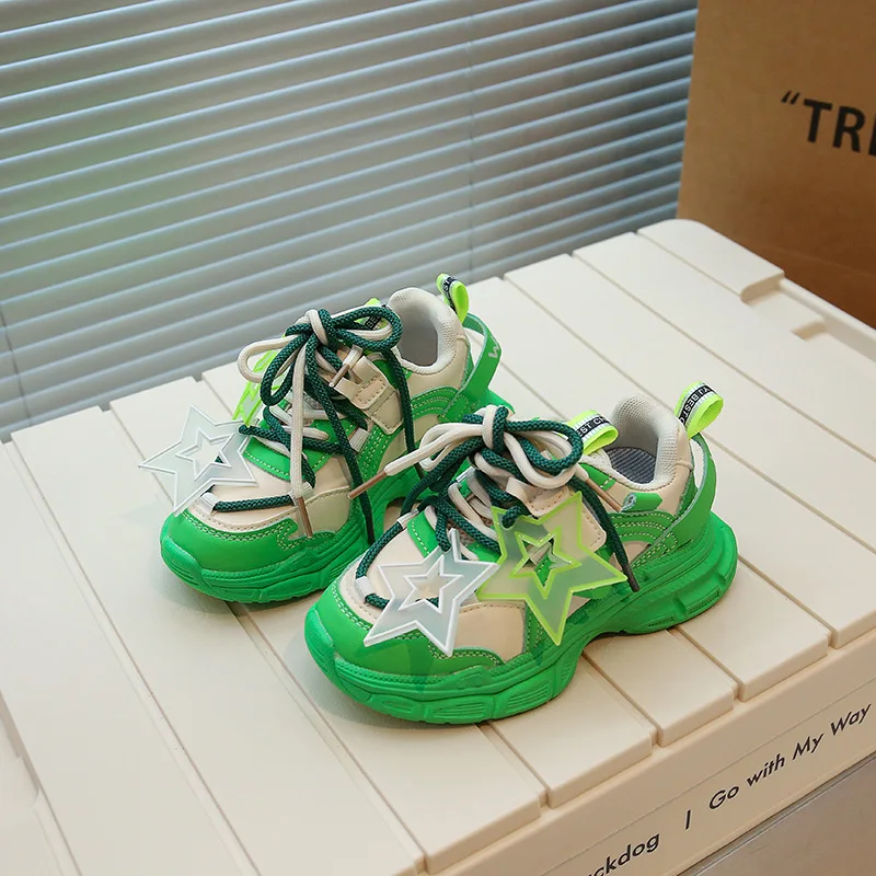Unisex High Top Daddy Shoes Bright Stars Decorated Casual Style for Children Breathable Cotton Insole for Walking and Running