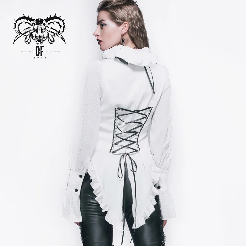 SHT00202 Devil fashion lotus leaf collar elegant women lace up white gothic chiffon blouse