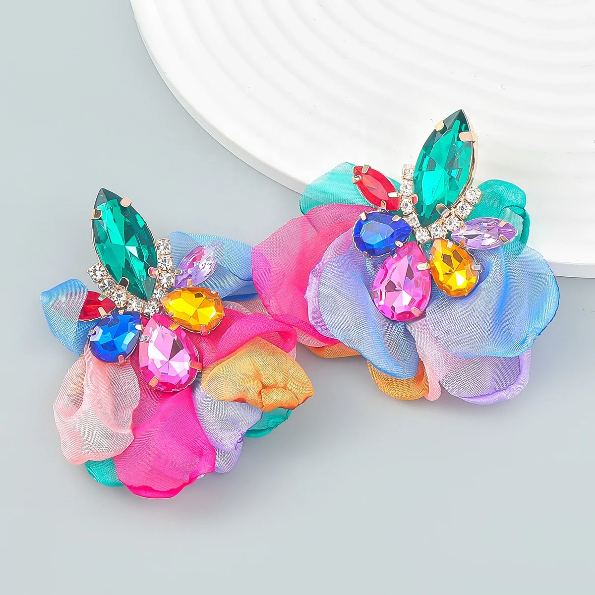 Drill claw welding earrings clip diamond chiffon flower big stud earrings summer new popular jewelry earrings wholesale