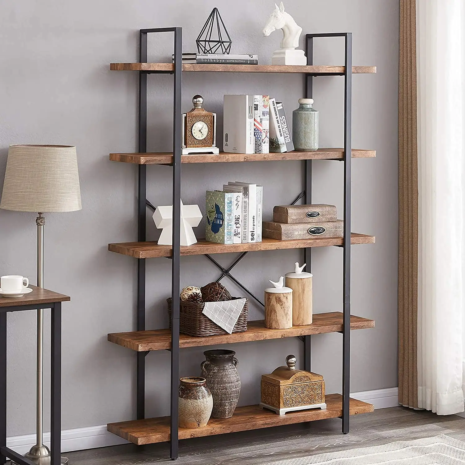 Деревянная металлическая мебель открытый Etagere книжный шкаф с 5 полками промышленная книжная