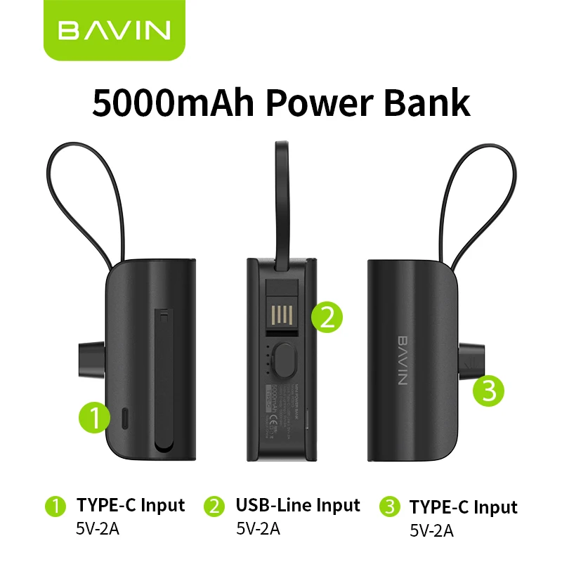 BAVIN Custom High Quality 5000MAH Portable Mini Outdoor Travel Cell Mobile Phone Power Bank with USB Cable