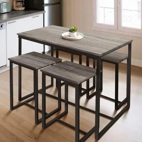 Living Room Kitchen Table 5-Piece Iron Wood Design Bar Small Rectangular Dining Table Set with Chairs