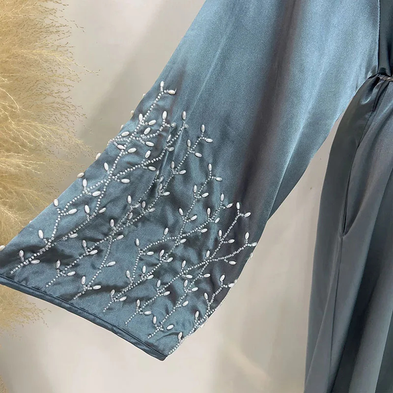 New Kimono Open Abaya Dubai Satin With Handmade Beads Pockets Islamic Clothing Wholesale Supplier EID Ramadan Women Muslim Dress