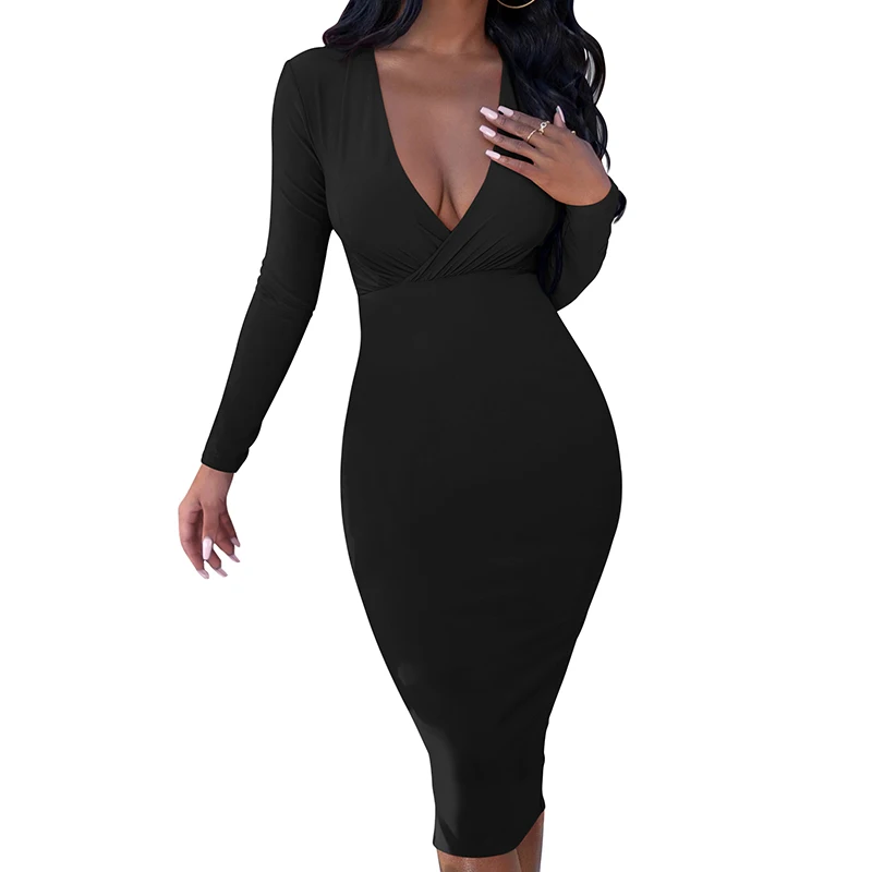 Женское облегающее платье миди с глубоким V-образным