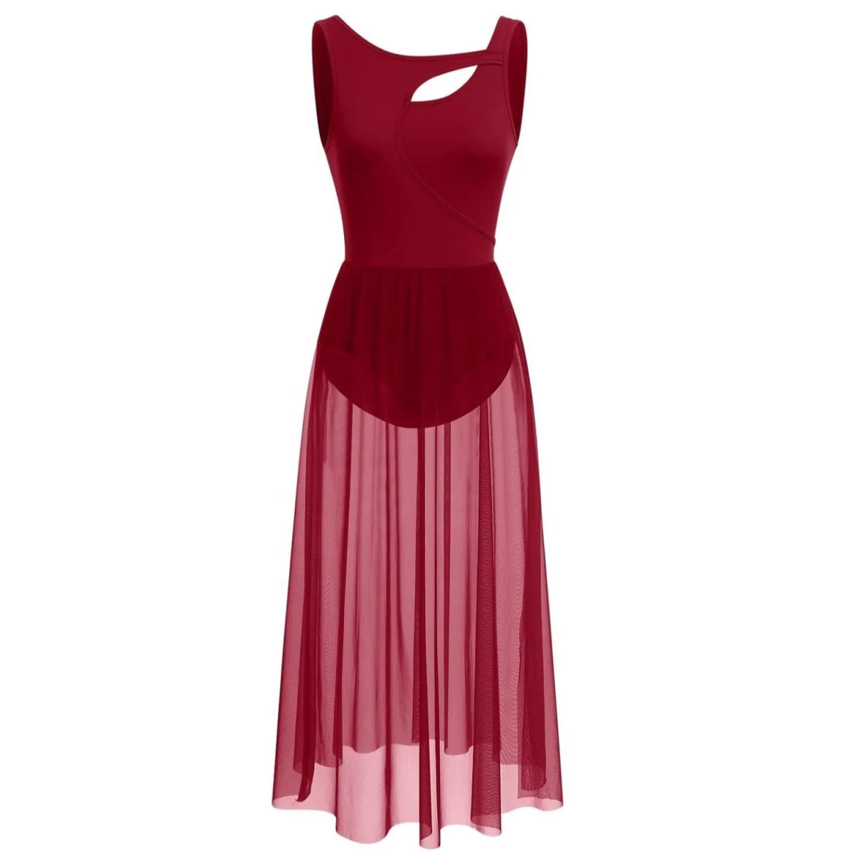 Lyrical Dance Costumes for Women Contemporary Dancewear Sleeveless Cut Out Front Mesh Tulle Maxi Dress