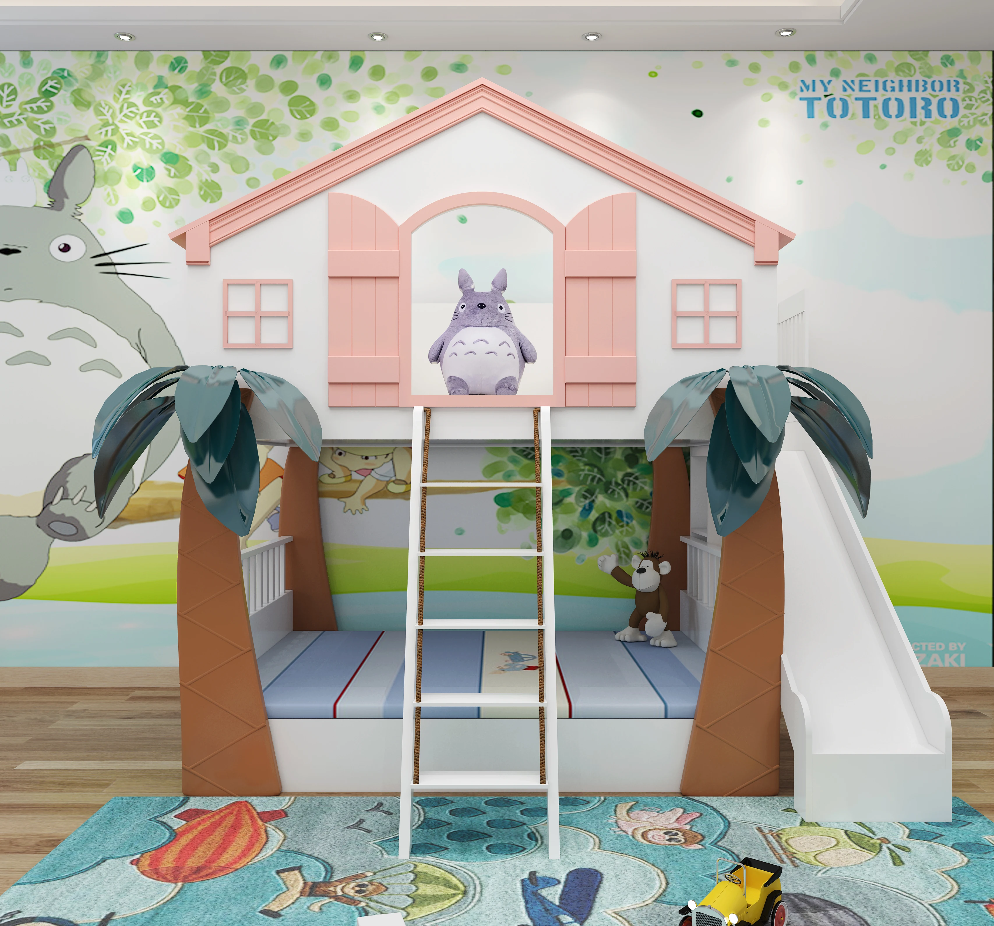 Modern Treehouse style kids up and down bed furniture pink solid wood kids bed Children bunk bed with Slide