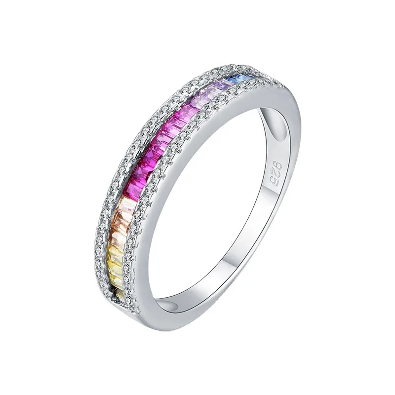 VLOVE Rainbow Full Eternity CZ Tiny Engagement Ring, 925 Sterling Silver gold plated Wedding Engagement Ring Jewellery