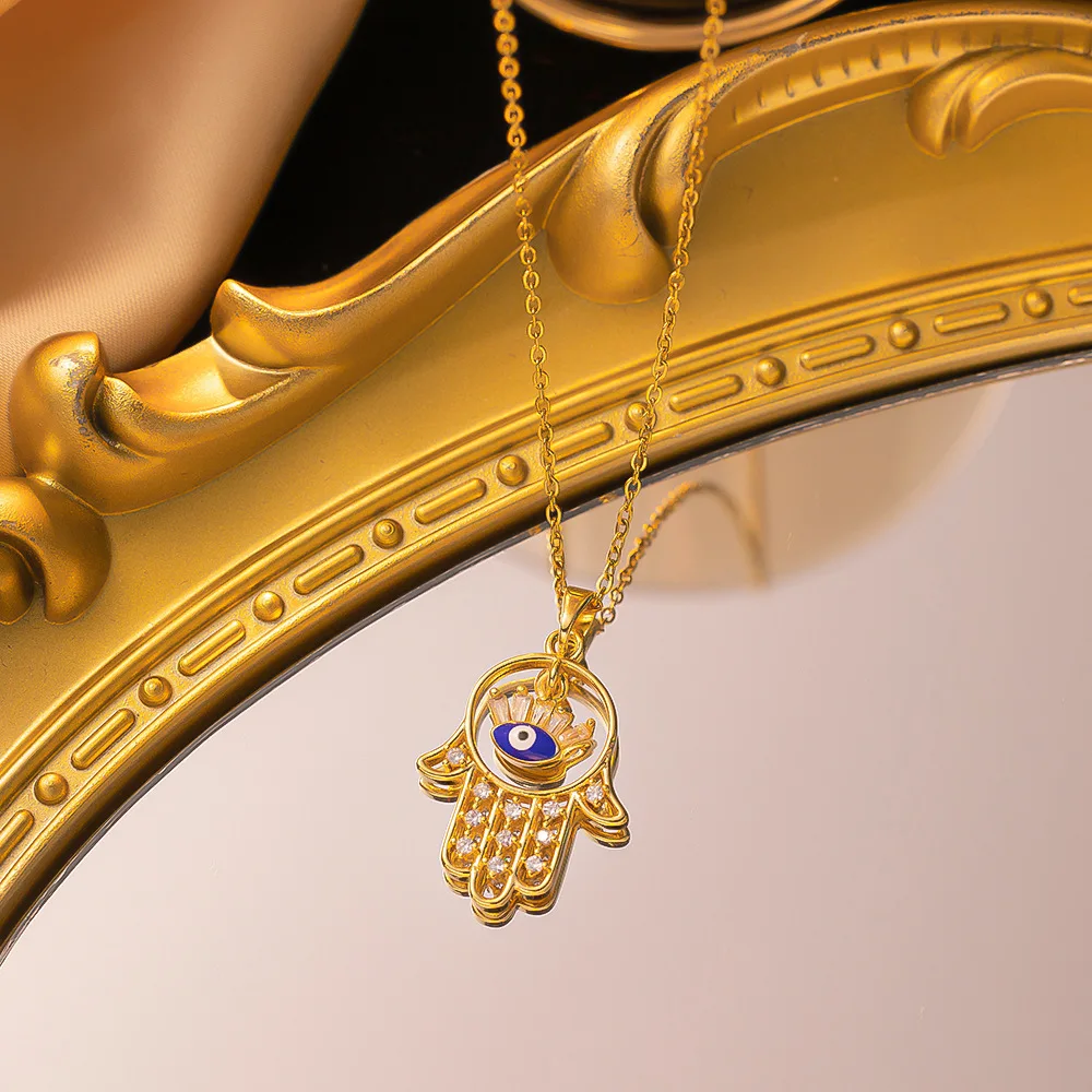 NUORO Turkish Blue Eyes Pendant Necklace Stainless Steel Collarbone Chain Copper Gold Plated Geometric Evil Eye Charm Necklace
