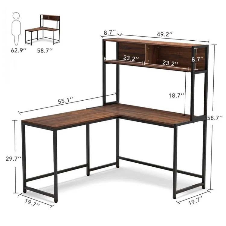Wholesale L-Shaped Metal Frame Wooden Writing Office Desks Study Table Home Corner Computer Table With Shelves