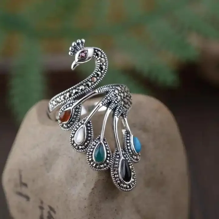Custom 925 sterling silver colorful gemstone peacock princess design fashion bridal jewelry marcasite ring for women