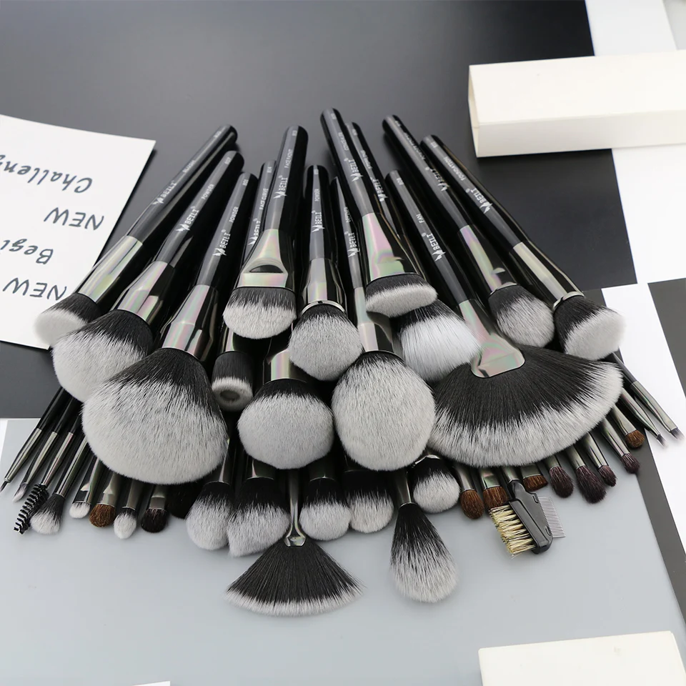 BEILI Black Shiny Wood Handle Pony Goat Synthetic Hair 40Pcs Makeup Brushes Set Concealer Blush Brush Private Label Brochas