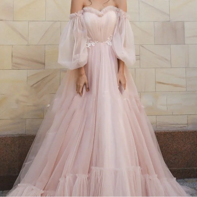 Blue Prom Dresses A-Line Off the Shoulder Sweetheart Tulle Long Sleeves Prom Gown Evening Party Dresses Robe De Soiree