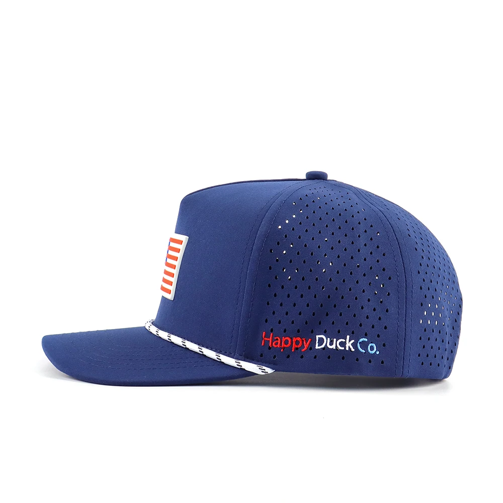 Wholesale 5 Panel Mid Profile Perforated Hat Custom US Flag Rubber Patch Embroidery Logo Rope Design Moisture Wicking Golf Hat