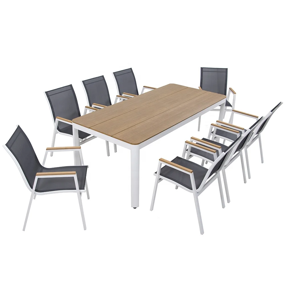 Alu Frame Plastic Wood Teslin Fabric Material Fashion Outdoor 9pcs Dining Set with 1 Table 8 Stackable Chairs