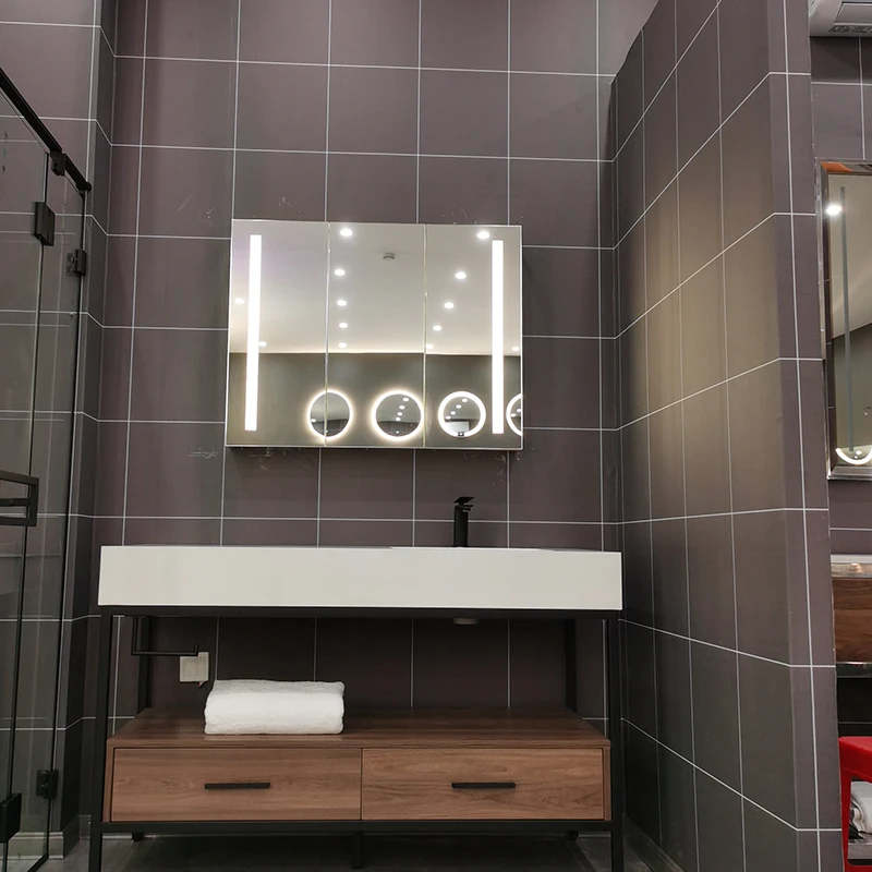 Factory customized 1,2,3 doors tempered glass led medicine cabinets Vanity touch sensor CCT 3 lights bathroom mirror cabinet