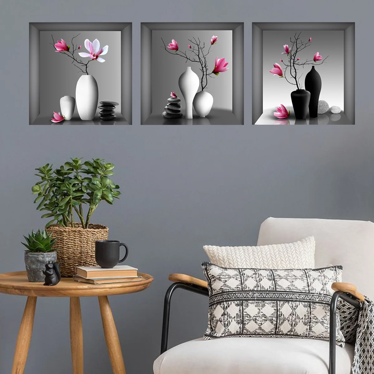 Three-dimensional 3d Effect Vase Flower Pot Triptych Wall Stickers Hallway Porch Living Room Background Decoration
