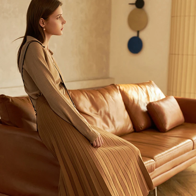 Knitwear manufacturers custom autumn high waist pleated solid color fashion women knit long skirt