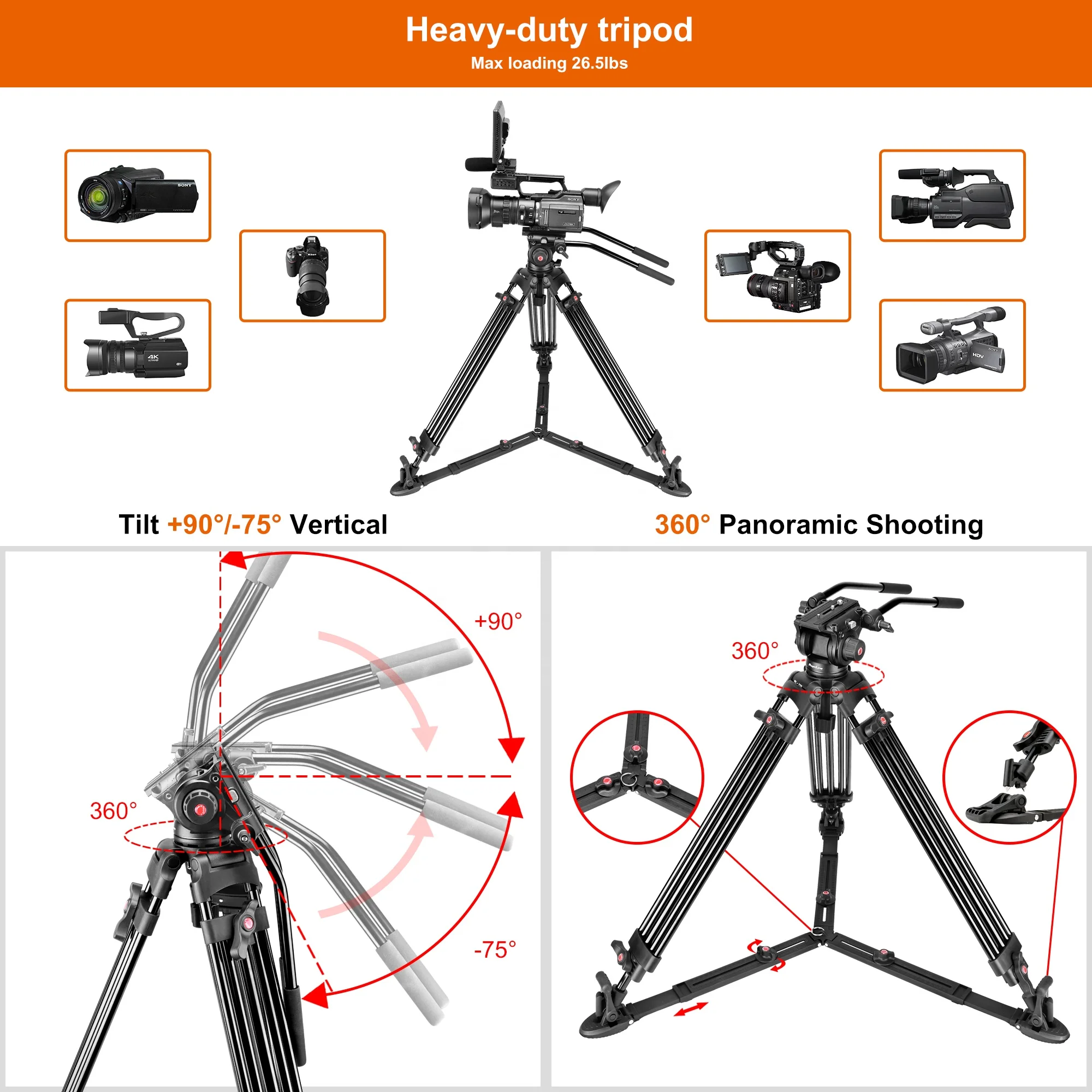 aluminum telescoping flexible heavy duty professional fluid head slider video camera tripod with ground spreader for camera