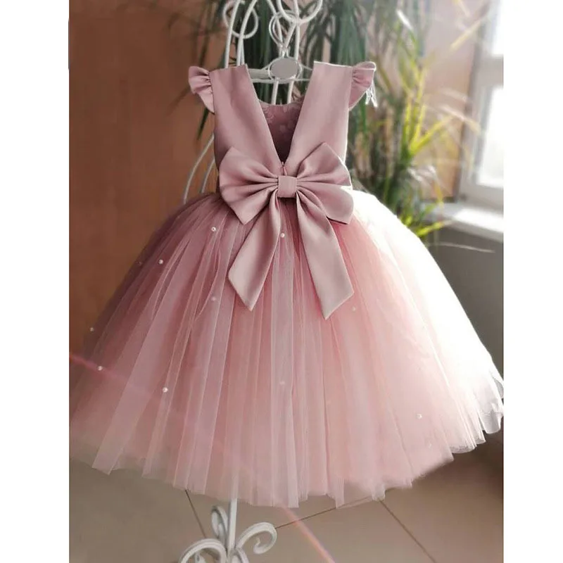 Ivy90316A Flowers girls princess dress high quality kids girls pink backless big bow birthday party dress design