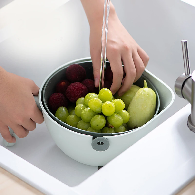2 In 1 Double Layer Vegetable Fruit Plastic Kitchen Drain Basket Strainer Bowl with Handle