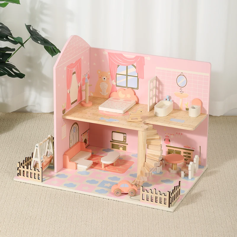 Factory price Preschool Pink Wooden Multi-level Doll house Miniature Handicraft toys for kids early educational