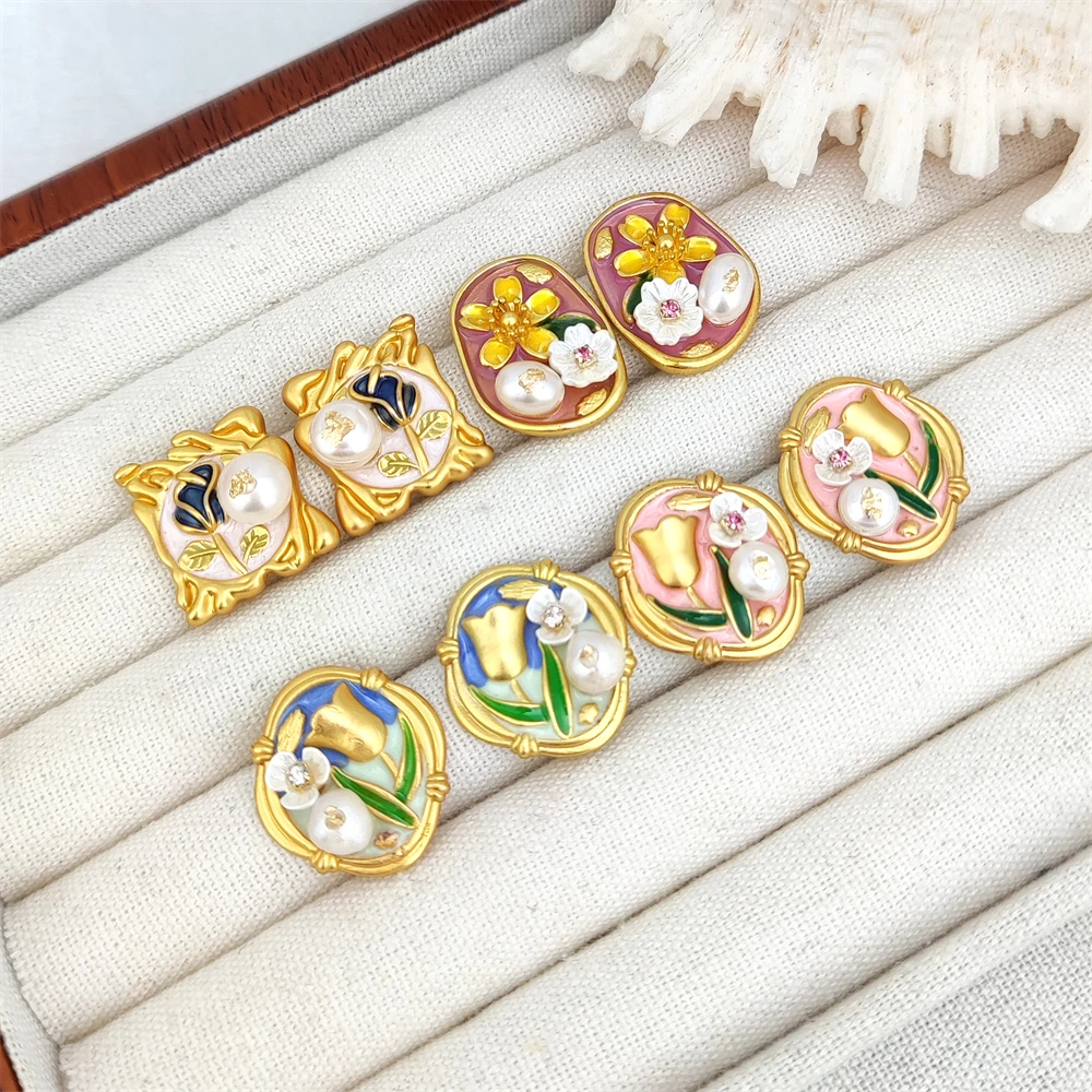 French oil painting style real baroque freshwater pearl pendant elegant flower rectangle earrings gold stud for birthday gifts