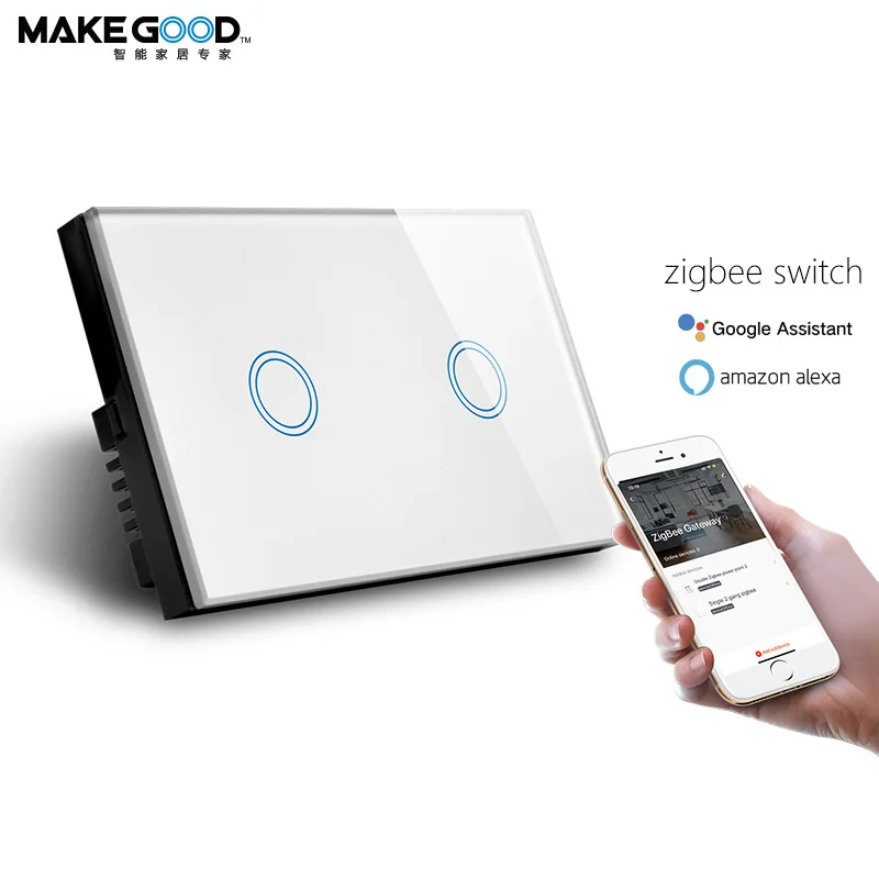 AU Standard Voice Control Touch Glass Panel 2Gang Smart Wall Zigbee Switch Compatible Alexa and Google Home Zigbee 3.0 Version