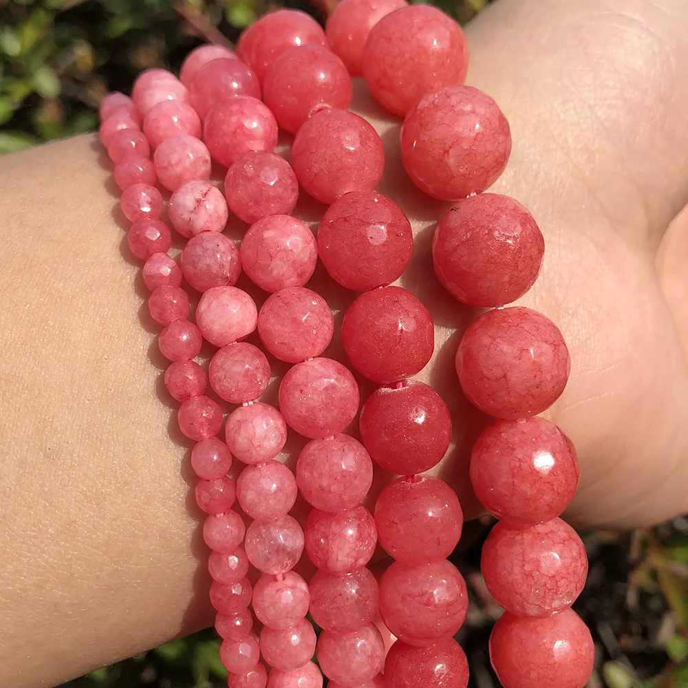 Wholesale Faceted Pink Chalcedony Stone Beads 4/ 6/ 8/10/12mm Round Jade Loose Beads for Jewelry DIY