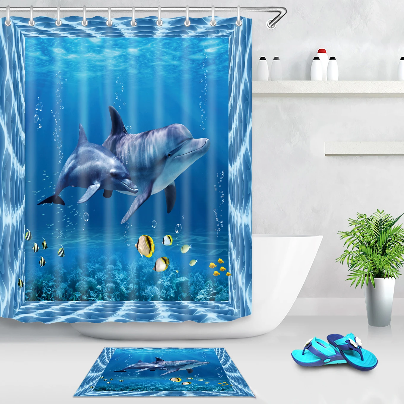 Yutong Ready Made 90gsm Polyester 3D Printing Curtain Waterproof Fabric Bathroom Printed Sea World Dolphin Coral Shower Curtains