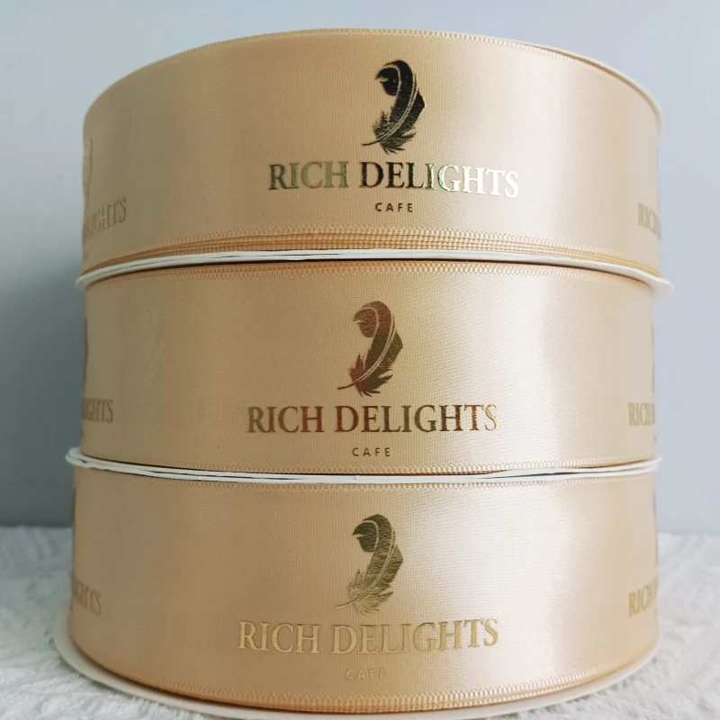 Wholesale custom logo 1inch gross grain ribbon , 2.5cm gold foil printed grosgrain silk ribbon