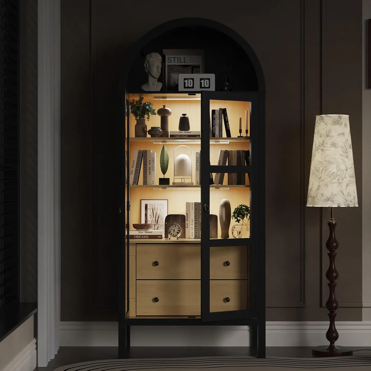 Arched Sideboard Display Bookshelf Storage Cabinet with LED Light Glass Doors Height Adjustable Shelf and 2 Drawers