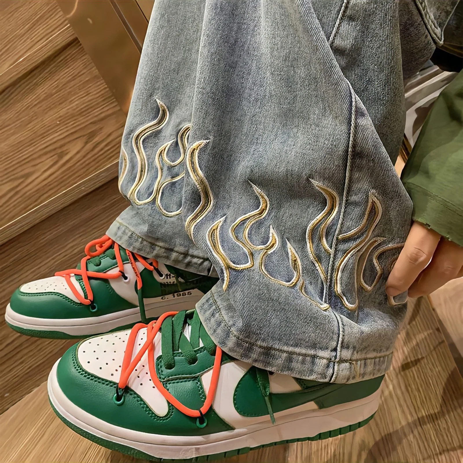 Custom Vintage Heavy Pure Cotton Pants Mens Streetwear Y2K Embroidered Unisex Jeans Straight Baggy Denim