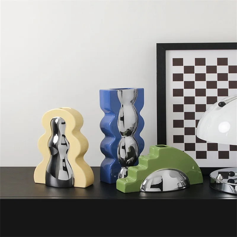 Memphis Contrast Ceramic Vase Silver Plated Yellow Flower Vases Decor Other Home Decor Christmas Gift Valentines Day