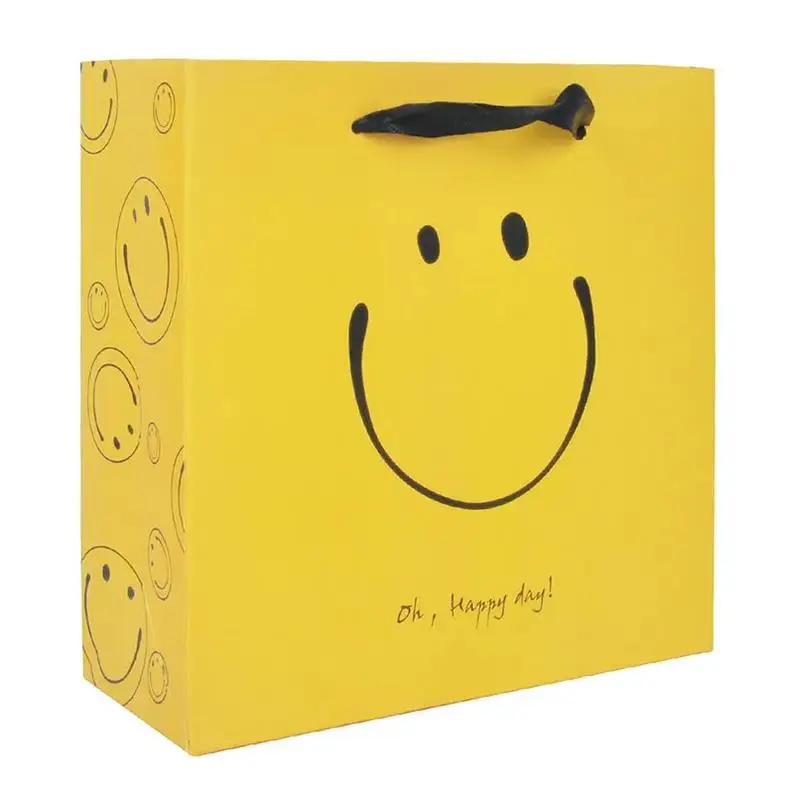 Cute Paper Bags With Your Own Logo Yellow Smiling Face Luxury Shopping Gift Paper Bags For Shoe Clothing Packaging