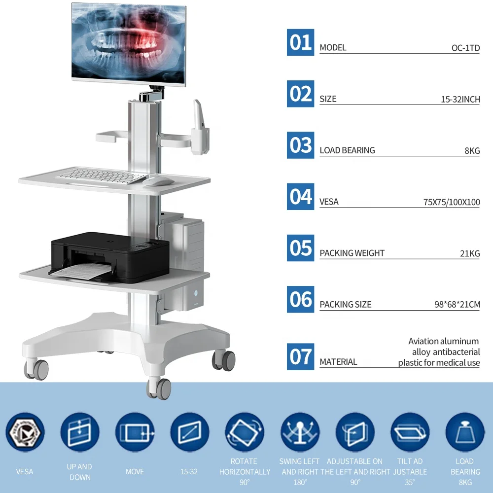 Wholesale Price Hospital Furniture Medical Cart with Oral Scanner Computer Laptop and 2 tray for Clinic