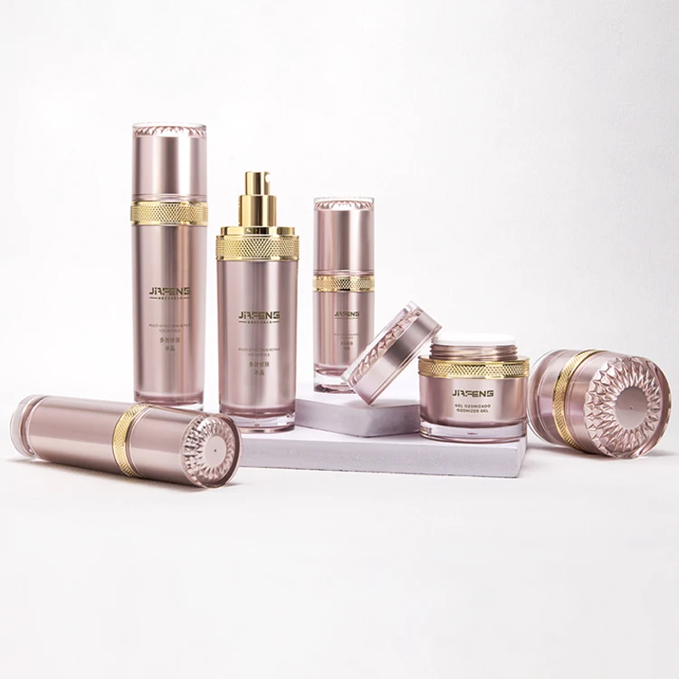 eco friendly luxury frosted Pink acrylic containers lotion cream bottles jars set cosmetics with aluminum gold cap