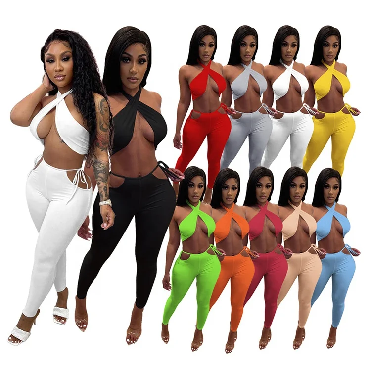 
LF-28 Women 2 Piece Set Clothing Outfits Summer Sexy Women Clothing 2021 Halter Tank Top Pants Two Piece Set Women Clothing 