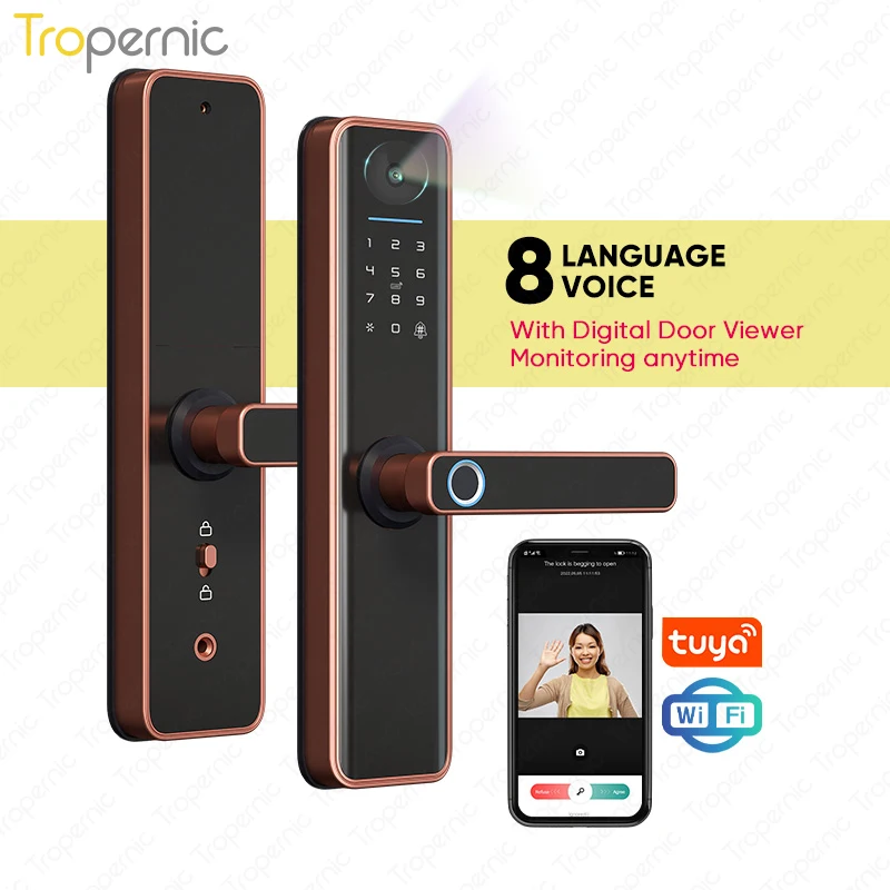 Tropernic Outdoor WiFi Door Lock Electronic Biometric Fingerprint Digital Password Smart Camera Door Lock with Tuya App