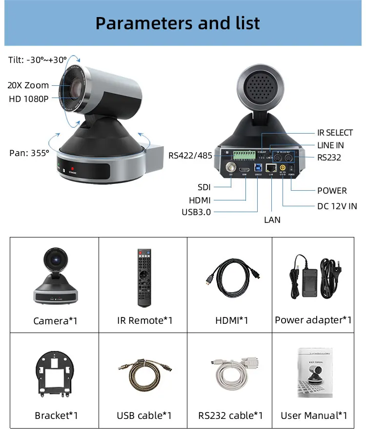 Factory price usb3.0 20x auto focus 1080p v isca ip ptz camera sdi for broadcasting JTHD91A conference system ptz camera  sdi